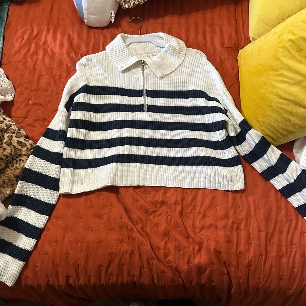 Striped Quarter Zip Cropped Sweater with Collar